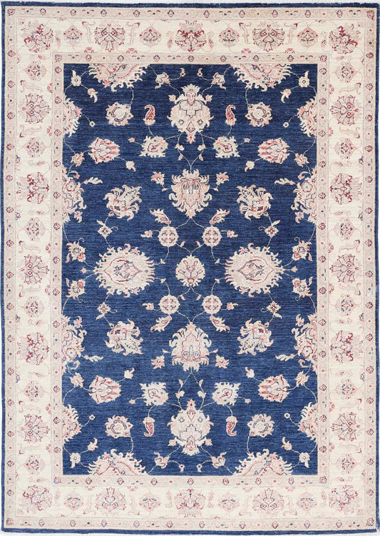 Traditional Hand Knotted Ziegler Farhan Wool Rug of Size 5'5'' X 7'9'' in Blue and Ivory Colors - Made in Afghanistan