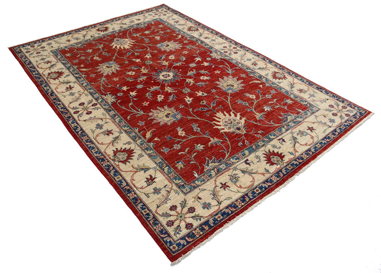 Traditional Hand Knotted Ziegler Farhan Wool Rug of Size 5'6'' X 7'10'' in Red and Ivory Colors - Made in Afghanistan