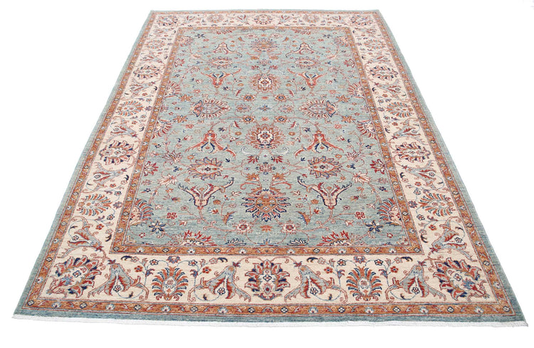 Traditional Hand Knotted Ziegler Farhan Wool Rug of Size 5'8'' X 7'10'' in Green and Ivory Colors - Made in Afghanistan