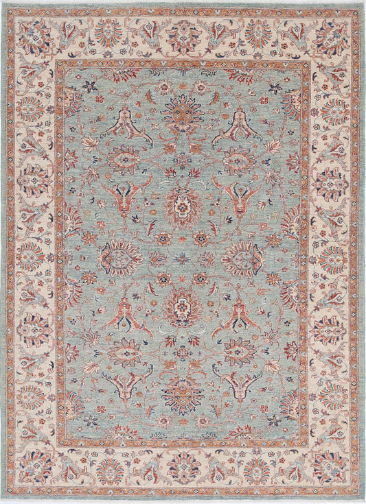 Traditional Hand Knotted Ziegler Farhan Wool Rug of Size 5'8'' X 7'10'' in Green and Ivory Colors - Made in Afghanistan