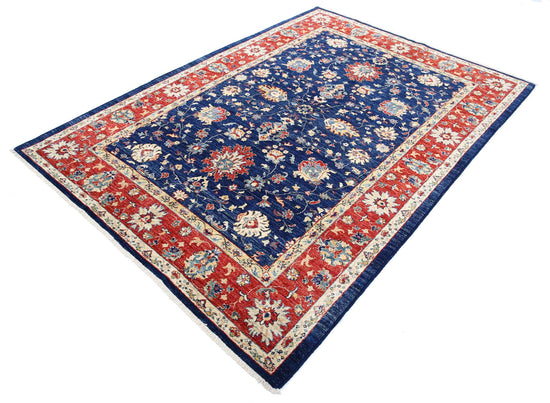 Traditional Hand Knotted Ziegler Farhan Wool Rug of Size 5'7'' X 7'10'' in Blue and Red Colors - Made in Afghanistan