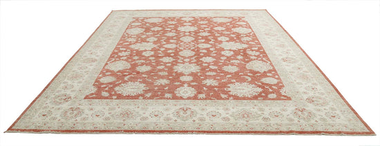 Traditional Hand Knotted Ziegler Farhan Wool Rug of Size 9'7'' X 11'11'' in Red and Ivory Colors - Made in Afghanistan