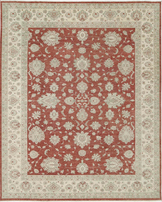 Traditional Hand Knotted Ziegler Farhan Wool Rug of Size 9'7'' X 11'11'' in Red and Ivory Colors - Made in Afghanistan