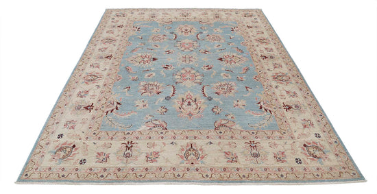 Traditional Hand Knotted Sultanabad Farhan Wool Rug of Size 6'5'' X 7'9'' in Ivory and Blue Colors - Made in Afghanistan
