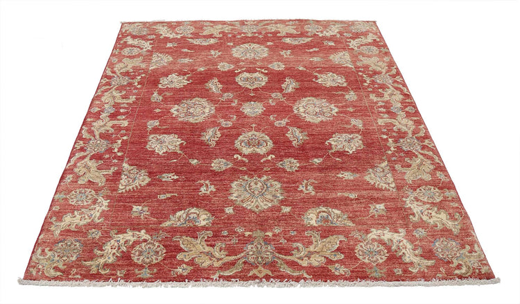 Traditional Hand Knotted Ziegler Farhan Wool Rug of Size 4'11'' X 6'5'' in Red and Red Colors - Made in Afghanistan