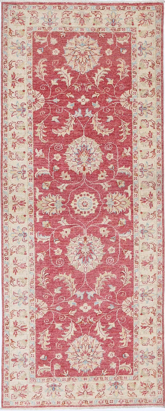 Traditional Hand Knotted Ziegler Farhan Wool Rug of Size 2'5'' X 6'6'' in Ivory and Red Colors - Made in Afghanistan