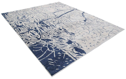 Modern Hand Knotted Abstract Farhan Wool Rug of Size 8'0'' X 9'8'' in Ivory and Blue Colors - Made in Afghanistan