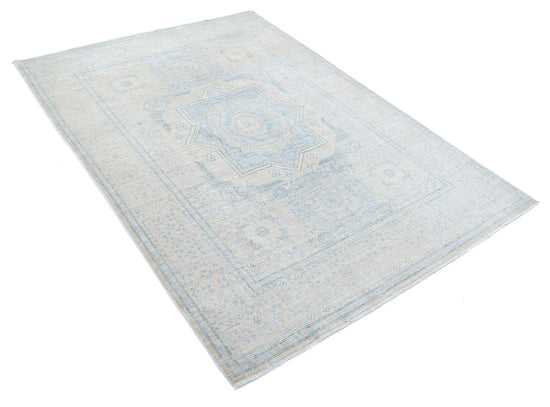 Traditional Hand Knotted Mamluk Haji Jalili Wool Rug of Size 4'8'' X 6'8'' in Ivory and Blue Colors - Made in Afghanistan