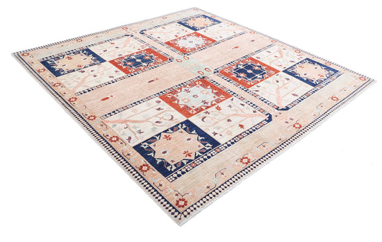 Traditional Hand Knotted Heriz Haji Jalili Wool Rug of Size 8'0'' X 8'0'' in Ivory and Ivory Colors - Made in Afghanistan