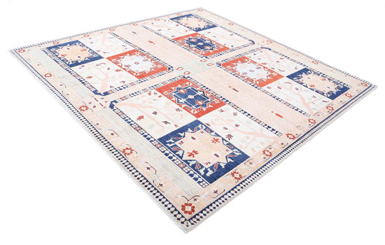 Traditional Hand Knotted Heriz Haji Jalili Wool Rug of Size 8'0'' X 8'0'' in Ivory and Ivory Colors - Made in Afghanistan