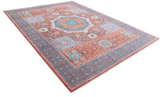 Traditional Hand Knotted Mamluk Haji Jalili Wool Rug of Size 8'6'' X 11'7'' in Red and Teal Colors - Made in Afghanistan