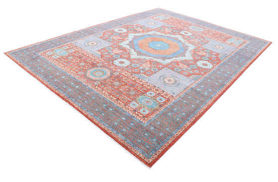 Traditional Hand Knotted Mamluk Haji Jalili Wool Rug of Size 8'6'' X 11'7'' in Red and Teal Colors - Made in Afghanistan