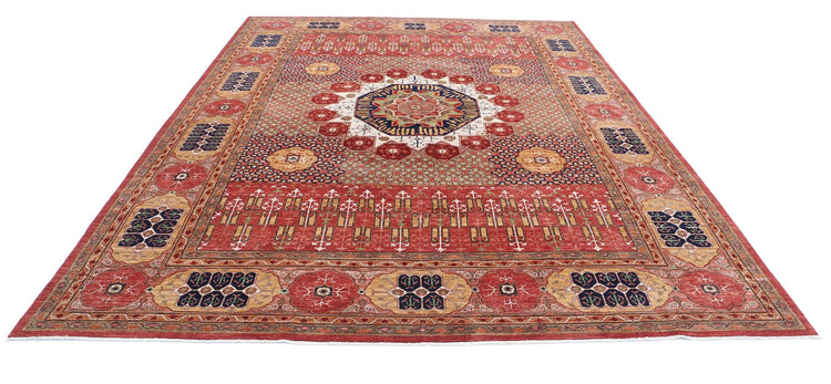 Traditional Hand Knotted Mamluk Haji Jalili Wool Rug of Size 9'1'' X 11'10'' in Red and Gold Colors - Made in Afghanistan