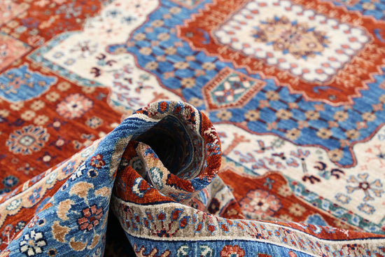 Traditional Hand Knotted Mamluk Haji Jalili Wool Rug of Size 9'2'' X 11'8'' in Rust and Blue Colors - Made in Afghanistan