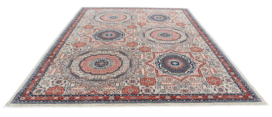 Traditional Hand Knotted Mamluk Haji Jalili Wool Rug of Size 9'1'' X 12'1'' in Beige and Red Colors - Made in Afghanistan