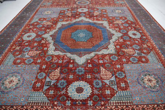 Traditional Hand Knotted Mamluk Haji Jalili Wool Rug of Size 11'9'' X 16'6'' in Red and Green Colors - Made in Afghanistan