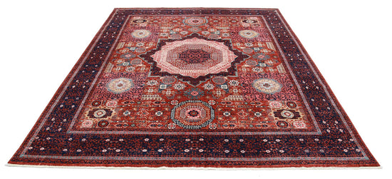 Traditional Hand Knotted Mamluk Haji Jalili Wool Rug of Size 8'1'' X 9'11'' in Red and Blue Colors - Made in Afghanistan