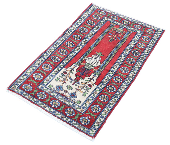Persian Hand Knotted Hamadan Hamadan Wool Rug of Size 1'10'' X 3'1'' in Red and Ivory Colors - Made in Iran