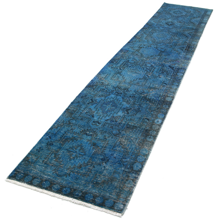 Persian Hand Knotted Vintage Overdyed Hamadan Wool Rug of Size 2'6'' X 12'2'' in Blue and Charcoal Colors - Made in Iran
