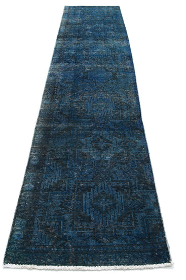 Persian Hand Knotted Vintage Overdyed Hamadan Wool Rug of Size 2'6'' X 12'2'' in Blue and Charcoal Colors - Made in Iran