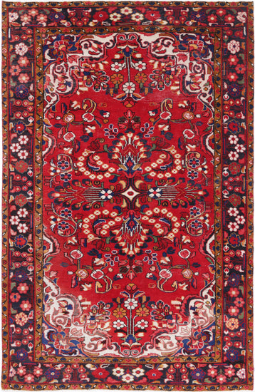 Persian Hand Knotted Hamadan Hamadan Wool Rug of Size 4'9'' X 7'8'' in Red and Black Colors - Made in Iran