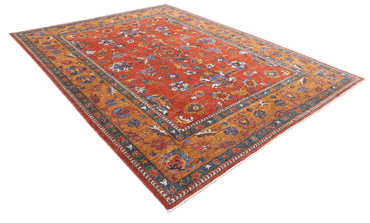 Tribal Hand Knotted Humna Humna Wool Rug of Size 8'10'' X 11'8'' in Rust and Gold Colors - Made in Afghanistan