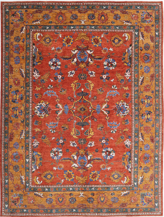 Tribal Hand Knotted Humna Humna Wool Rug of Size 8'10'' X 11'8'' in Rust and Gold Colors - Made in Afghanistan