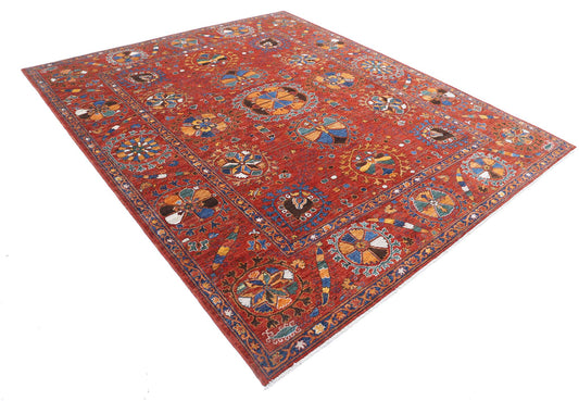 Tribal Hand Knotted Humna Humna Wool Rug of Size 8'4'' X 9'7'' in Red and Red Colors - Made in Afghanistan