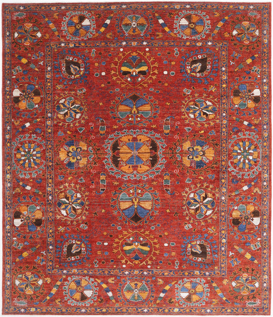 Tribal Hand Knotted Humna Humna Wool Rug of Size 8'4'' X 9'7'' in Red and Red Colors - Made in Afghanistan