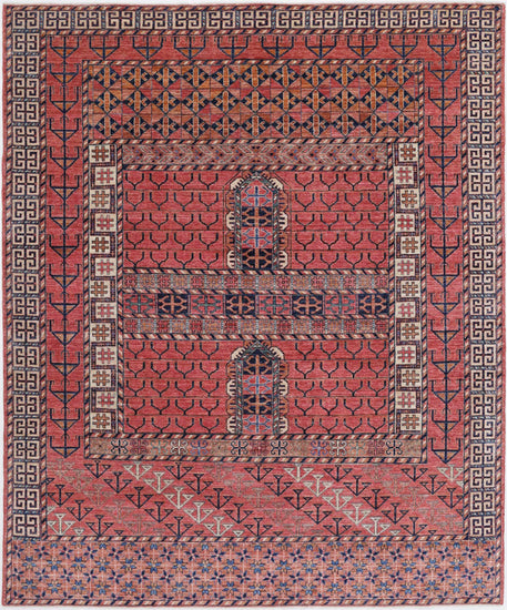 Tribal Hand Knotted Humna Humna Wool Rug of Size 8'2'' X 9'9'' in Pink and Multi Colors - Made in Afghanistan