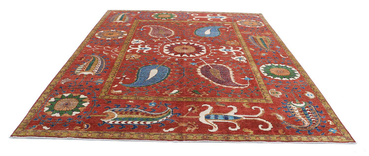 Tribal Hand Knotted Humna Humna Wool Rug of Size 9'1'' X 10'7'' in Red and Green Colors - Made in Afghanistan