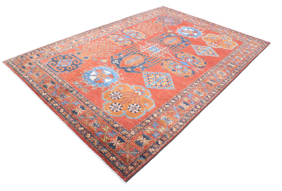 Tribal Hand Knotted Humna Humna Wool Rug of Size 6'10'' X 10'1'' in Rust and Gold Colors - Made in Afghanistan