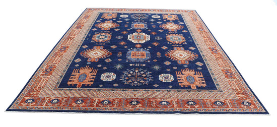 Tribal Hand Knotted Humna Humna Wool Rug of Size 8'10'' X 11'10'' in Blue and Red Colors - Made in Afghanistan