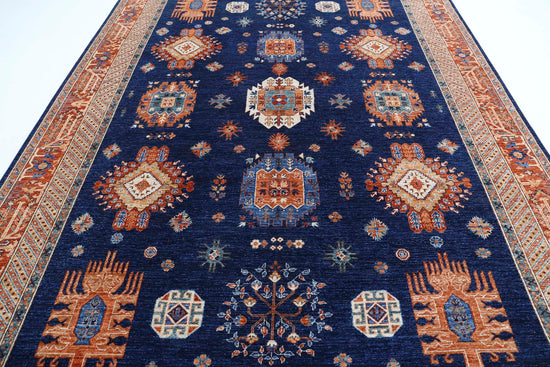 Tribal Hand Knotted Humna Humna Wool Rug of Size 8'10'' X 11'10'' in Blue and Red Colors - Made in Afghanistan