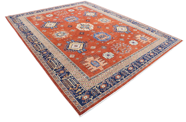 Tribal Hand Knotted Humna Humna Wool Rug of Size 9'0'' X 11'5'' in Rust and Blue Colors - Made in Afghanistan