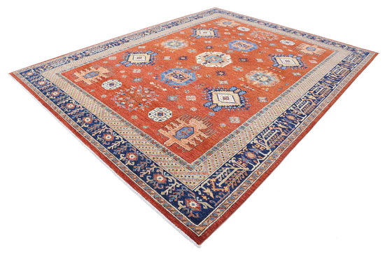 Tribal Hand Knotted Humna Humna Wool Rug of Size 9'0'' X 11'5'' in Rust and Blue Colors - Made in Afghanistan
