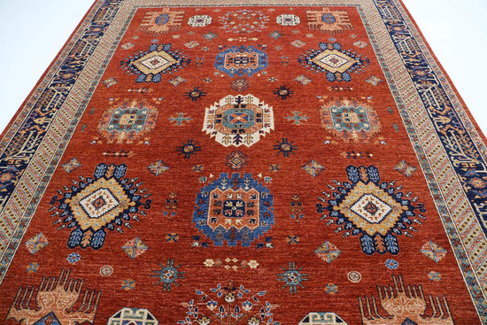 Tribal Hand Knotted Humna Humna Wool Rug of Size 9'0'' X 11'5'' in Rust and Blue Colors - Made in Afghanistan