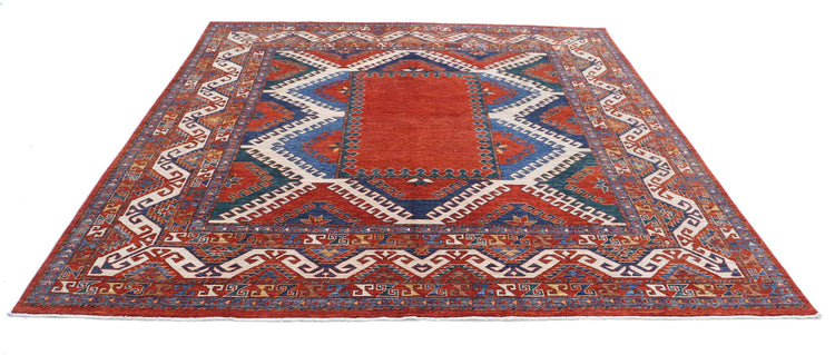 Tribal Hand Knotted Humna Humna Wool Rug of Size 8'8'' X 9'2'' in Rust and Ivory Colors - Made in Afghanistan