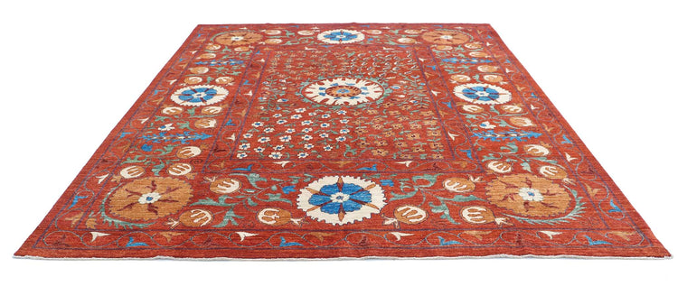 Tribal Hand Knotted Humna Humna Wool Rug of Size 9'1'' X 10'8'' in Rust and Gold Colors - Made in Afghanistan