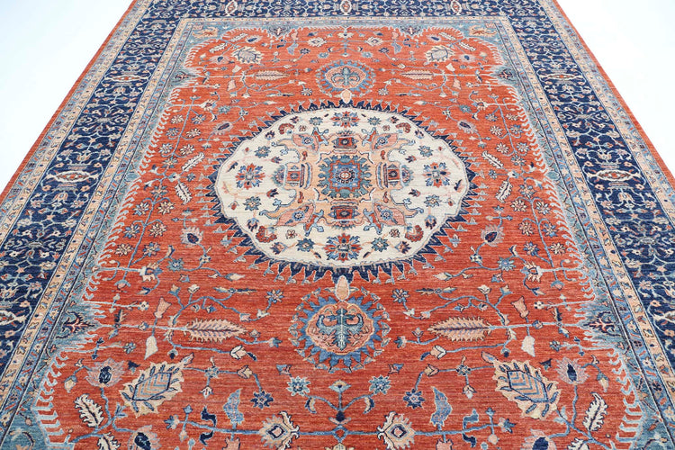 Tribal Hand Knotted Humna Humna Wool Rug of Size 8'11'' X 10'10'' in Rust and Blue Colors - Made in Afghanistan