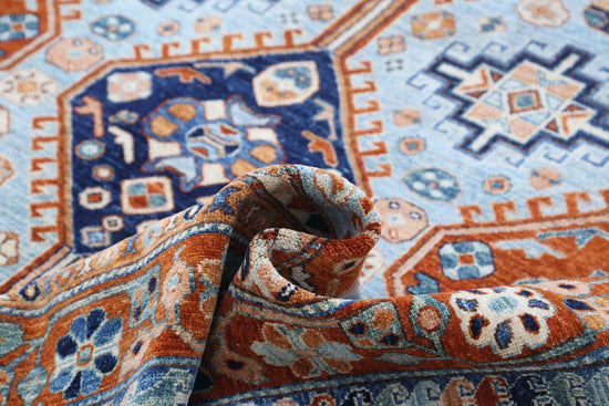 Tribal Hand Knotted Humna Humna Wool Rug of Size 9'0'' X 12'7'' in Blue and Rust Colors - Made in Afghanistan