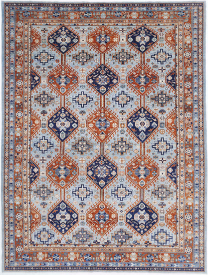 Tribal Hand Knotted Humna Humna Wool Rug of Size 9'0'' X 12'7'' in Blue and Rust Colors - Made in Afghanistan