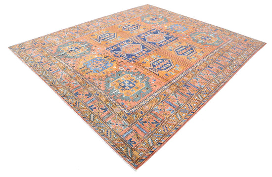 Tribal Hand Knotted Humna Humna Wool Rug of Size 8'5'' X 9'10'' in Gold and Red Colors - Made in Afghanistan