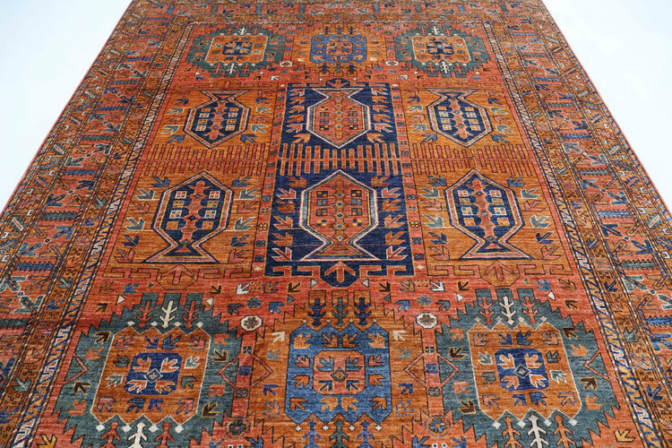 Tribal Hand Knotted Humna Humna Wool Rug of Size 8'5'' X 9'10'' in Gold and Red Colors - Made in Afghanistan