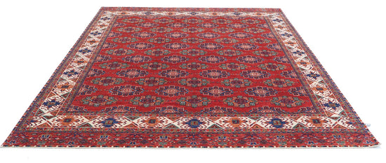 Tribal Hand Knotted Humna Humna Wool Rug of Size 8'1'' X 9'9'' in Red and Ivory Colors - Made in Afghanistan