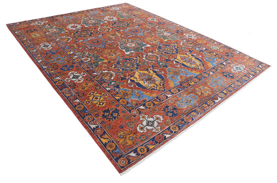 Tribal Hand Knotted Humna Humna Wool Rug of Size 8'6'' X 10'10'' in Rust and Gold Colors - Made in Afghanistan