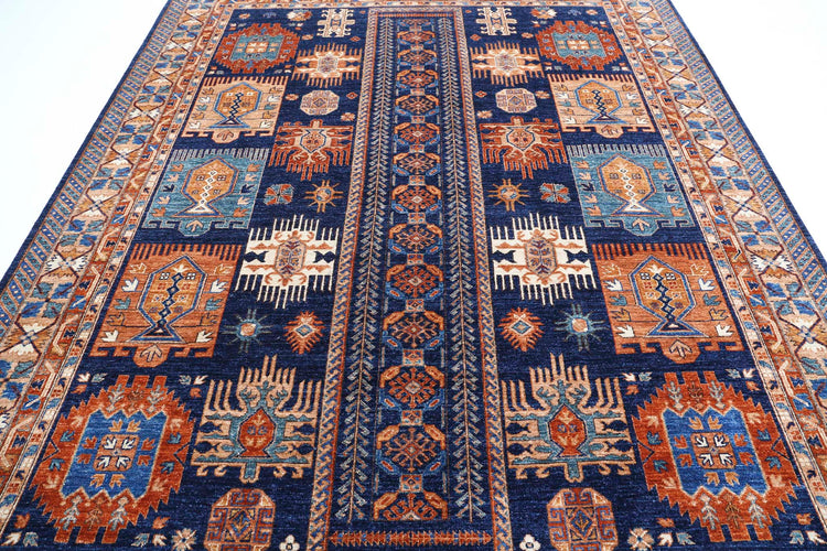 Tribal Hand Knotted Humna Humna Wool Rug of Size 8'1'' X 10'0'' in Blue and Gold Colors - Made in Afghanistan