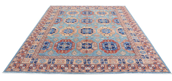 Tribal Hand Knotted Humna Humna Wool Rug of Size 7'10'' X 9'11'' in Blue and Gold Colors - Made in Afghanistan