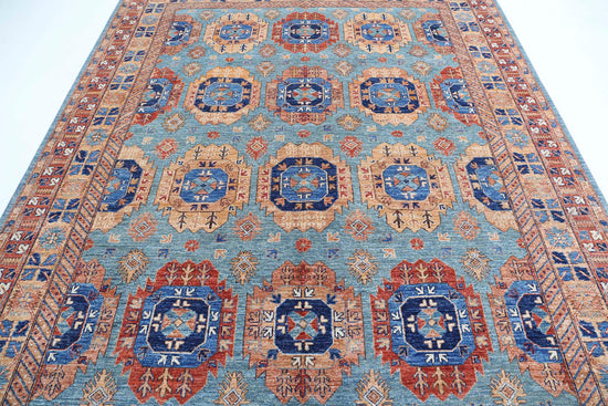 Tribal Hand Knotted Humna Humna Wool Rug of Size 7'10'' X 9'11'' in Blue and Gold Colors - Made in Afghanistan