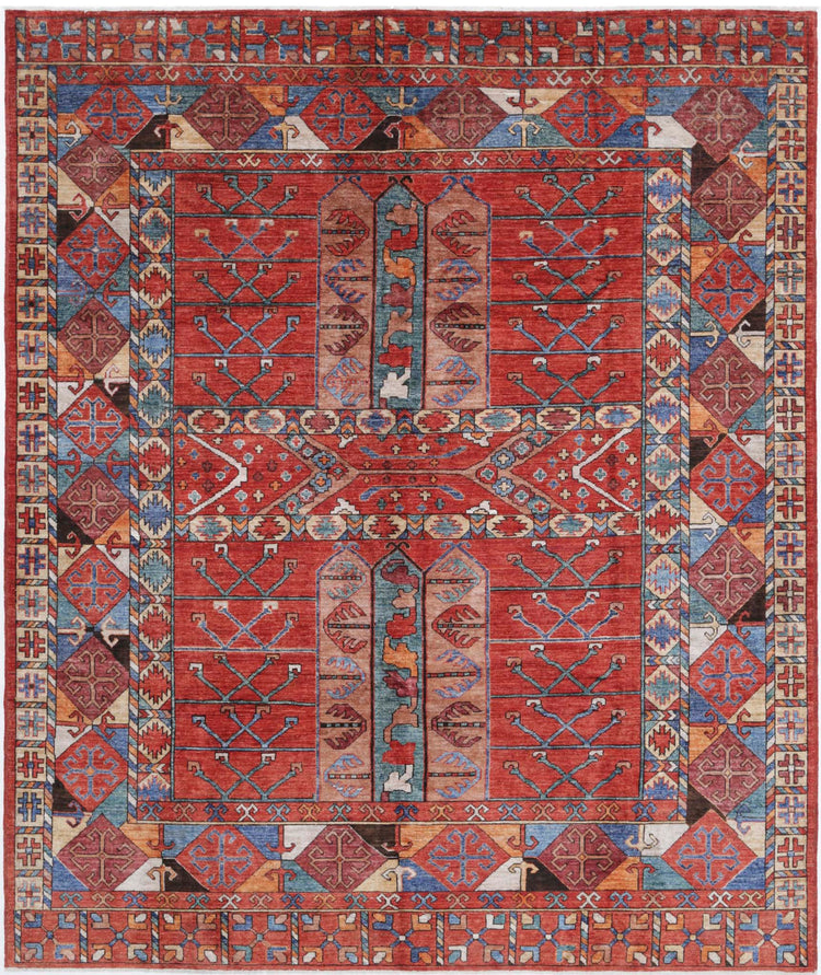 Tribal Hand Knotted Humna Humna Wool Rug of Size 8'5'' X 9'10'' in Red and Blue Colors - Made in Afghanistan